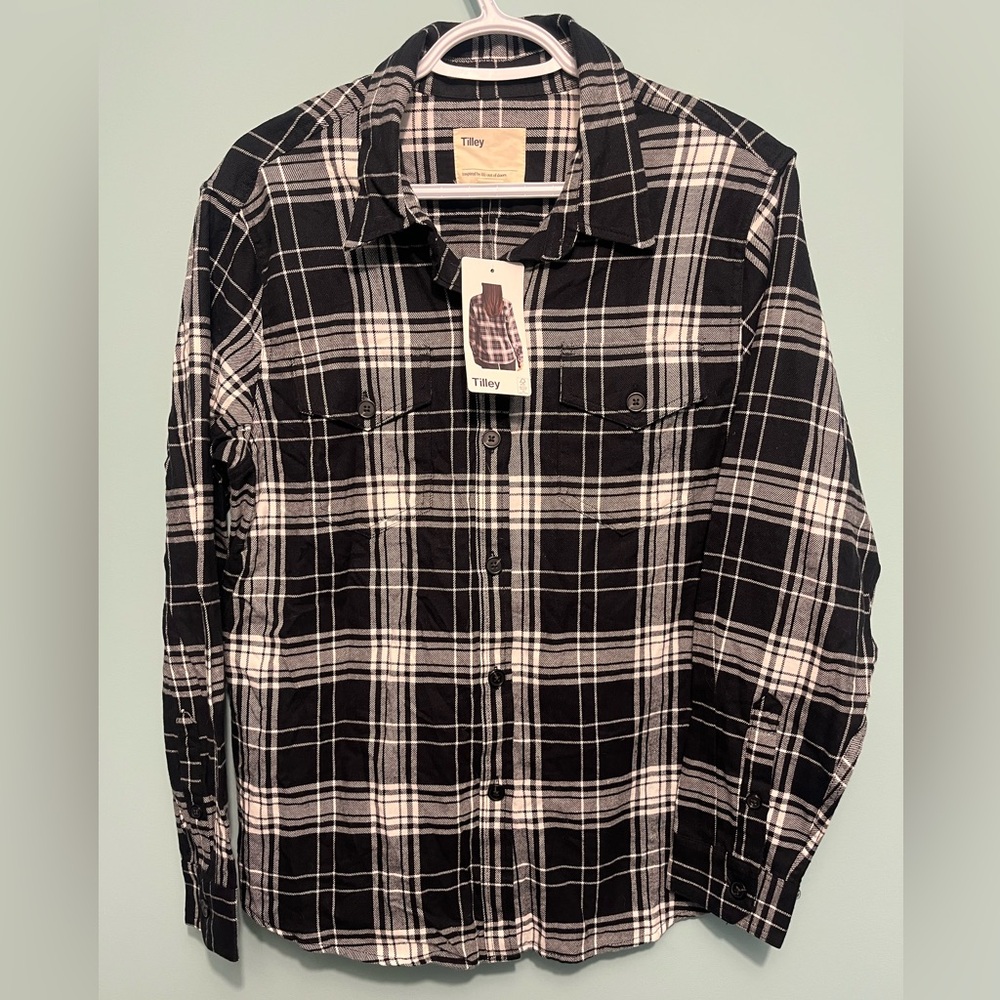 Tilley Black and White Plaid Button Up Jacket/Shirt Flannel NEW with tags Size L - Picture 4 of 7
